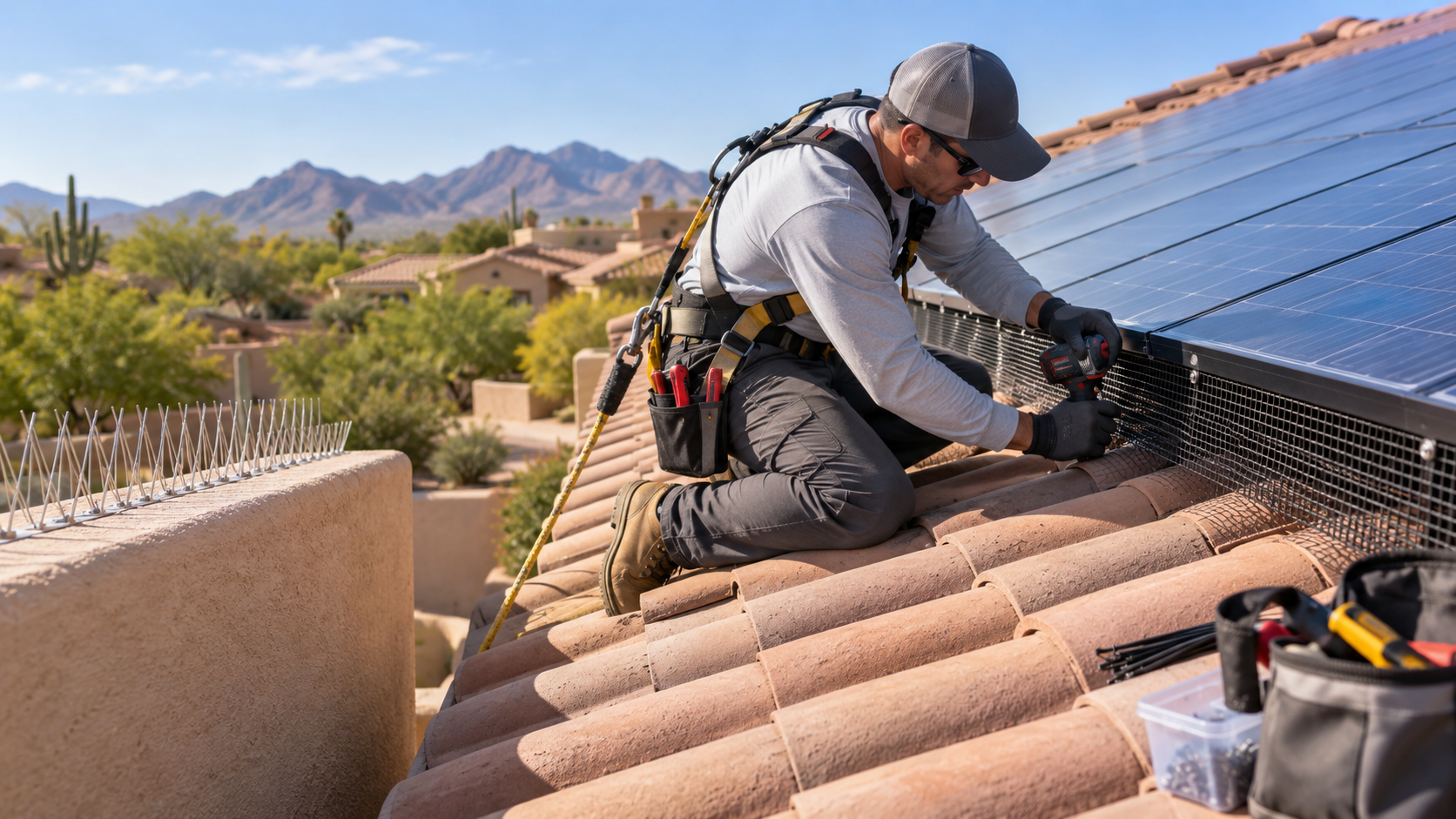 Professional technician installing solar-panel mesh and bird spikes on an Arizona roof