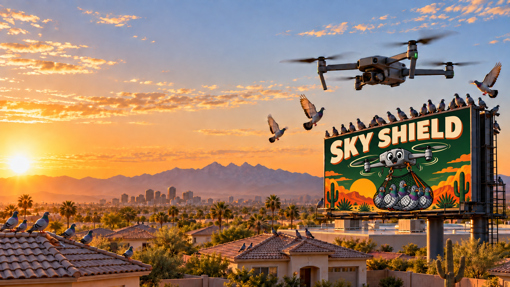 Drone moving pigeons away above Arizona rooftops and a billboard